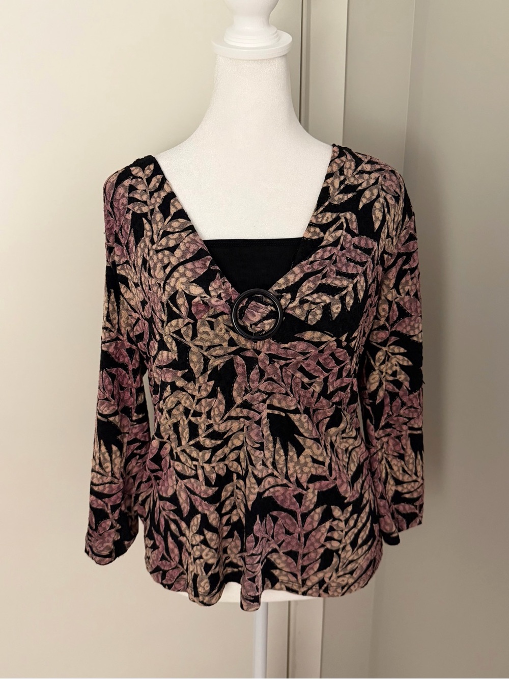 JM Collection Black V-Neck Ring Detail Layered Blouse with Leaf Print